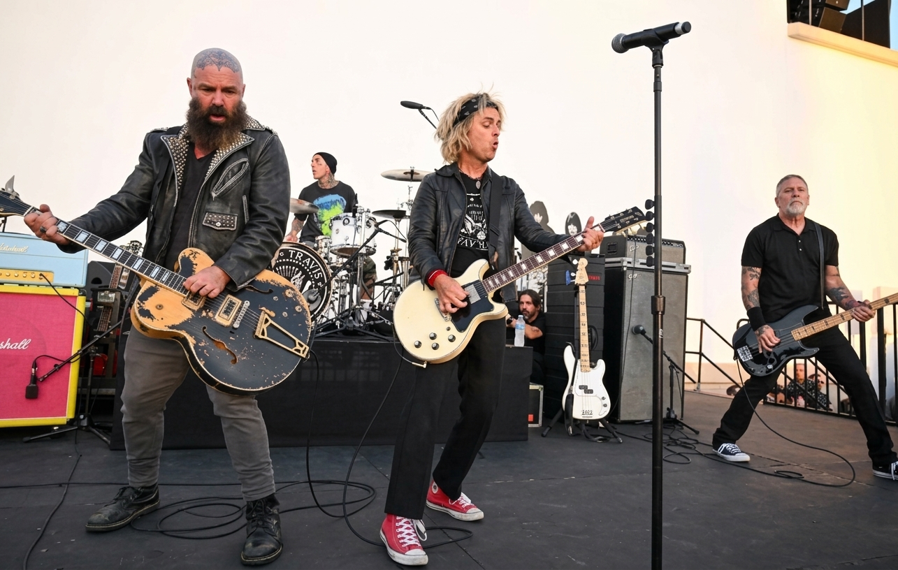 Billie Joe Armstrong Travis Barker Tim Armstrong y CJ Ramone en el tributo por los 50 años de Ramones