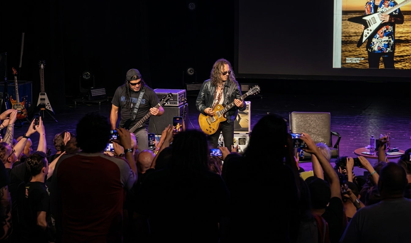 Kirk Hammett y Robert Trujillo de Metallica tocando la guitarra en el evento de presentación del libro The Collection en Londres